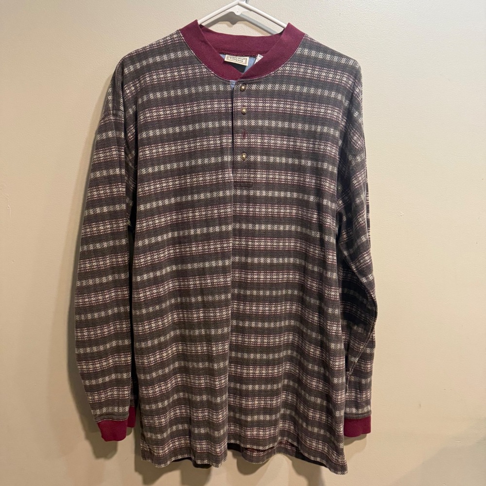 Bugle Boy Company Mens Large Henley‎ Shirt Long Sleeve Burgundy Striped Vintage
